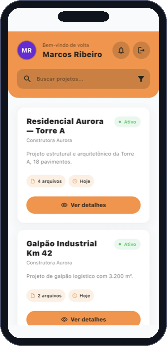 App VizuDoc, portal do cliente com lista de projetos